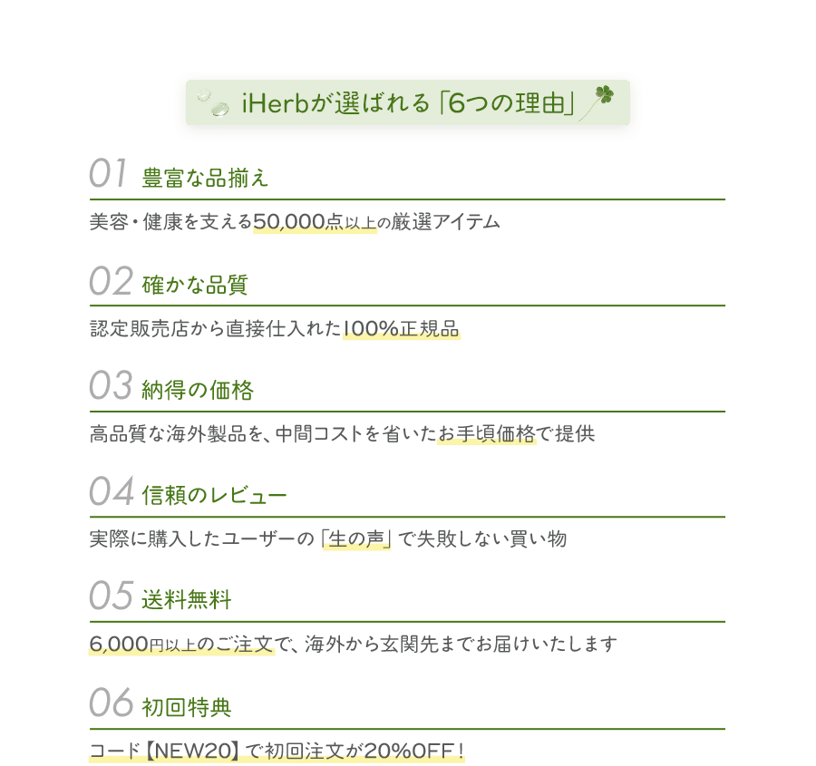 iHerbが選ばれる「6つの理由」01.項目内容豊富な品揃え。美容・健康を支える50,000点以上の厳選アイテム。02.確かな品質。認定販売店から直接仕入れた100%正規品。03.納得の価格。高品質な海外製品を、中間コストを省いたお手頃価格で。04.信頼のレビュー。実際に購入したユーザーの「生の声」で失敗しない買い物。05.送料無料。6,000円以上のご注文で、海外から玄関先までお届け。06.初回特典。コード【NEW20】で初回注文が20%OFF！