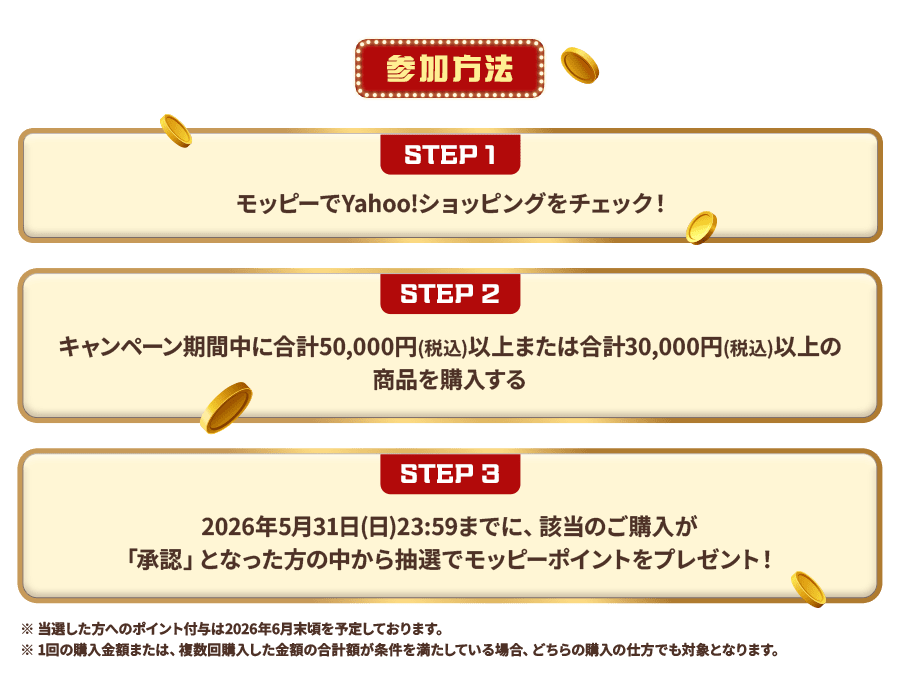 参加方法。STEP1、モッピーでYahoo!ショッピングをチェック！STEP2、キャンペーン期間中に合計50,000円(税込)以上または合計30,000円(税込)以上の商品を購入する。STEP3、 2026年5月31日(日)23:59までに、該当のご購入が「承認」となった方の中から抽選でモッピーポイントをプレゼント！※当選した方へのポイント付与は2026年6月末頃を予定しております。※1回の購入金額または、複数回購入した金額の合計額が条件を満たしている場合、どちらの購入の仕方でも対象となります。