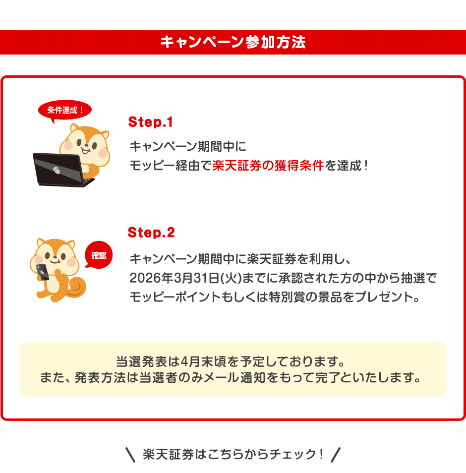 キャンペーン参加方法。ステップ1キャンペーン期間中にモッピー経由で楽天証券の獲得条件を達成！ステップ2キャンペーン期間中に楽天証券を利用し、2026年3月31日(火)までに承認となった方の中で抽選でモッピーポイントもしくは特別賞の景品をプレゼント。当選発表は4月末頃を予定しております。また、発表方法は当選者のみメール通知をもって完了といたします。楽天証券はこちらからチェック！