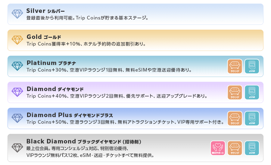シルバー、ゴールド、プラチナ、ダイヤモンド、ダイヤモンドプラス、ブラックダイヤモンドの説明