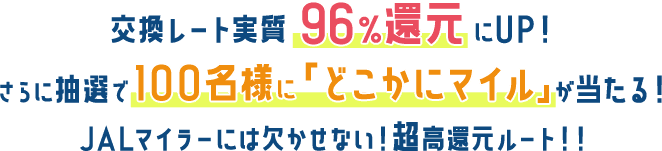 交換レート実質96%還元にUP！さらに抽選で 100名様に「どこかにマイル」が当たる!JALマイラーには欠かせない！超高還元ルート！！