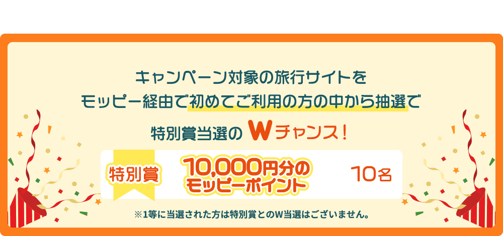 キャンペーン対象の旅行サイトをモッピー経由で初めてご利用の方の中から抽選で特別賞当選のWチャンス！特別賞10,000円分のモッピーポイント/10名 ※1等に当選された方は特別賞とのW当選はございません。